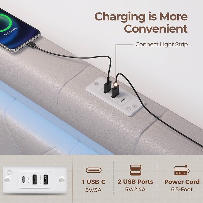 GREENSTELL Headboard for Twin Size Bed with 60,000 DIY Color of LED Light, USB & Type C Post, Attach Frame, Height Adjustable, White Leather Wall Mounted Head Boards Only, Sturdy & Stable, Twin