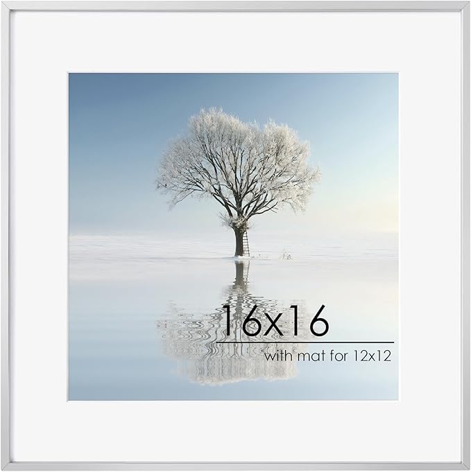 16x16 Metal Square Picture Frame For Wall With Mat For 12x12, 16''x16'' Aluminum Photo Frames With Tempered Glass For Home Decor, Minimalist Modern Poster Frame Horizontally Vertically, Silver