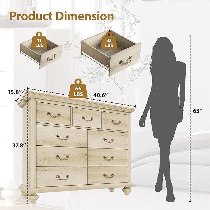 9 Drawers Dresser for Bedroom, Wooden Chest of Drawer with Large Drawers & Metal Handles for Bedroom, Living Room, Hallway, Grey