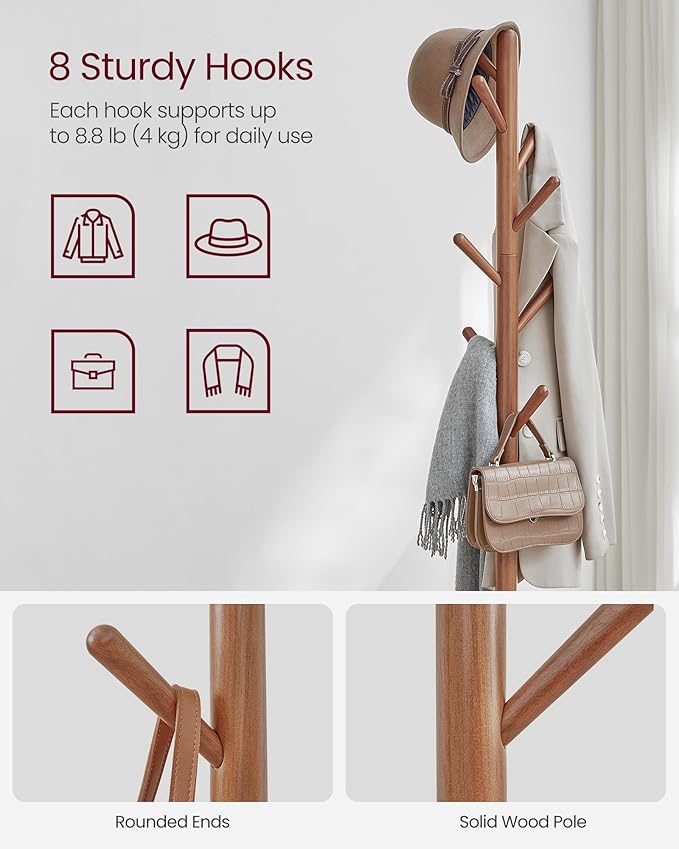 VASAGLE Coat Rack, Free Standing Coat Stand, Hall Coat Tree with 8 Hooks and Storage Shelf, 67.2 Inch Tall, for Coats, Hats, Bags, for Entryway, Hallway, Bedroom, Caramel Brown URCR040K01