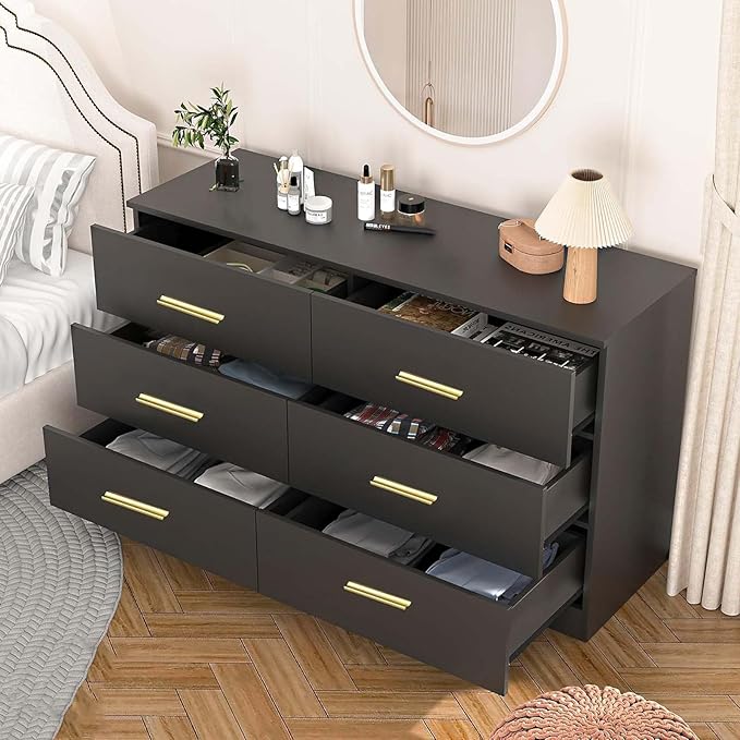 Modern 6 Drawer Dresser for Bedroom, Dresser Chest of Drawer with Large Drawers and Golden Handles, Wooden Dressers Drawer Storage Unit for Bedroom, Living Room or Closet (Black)