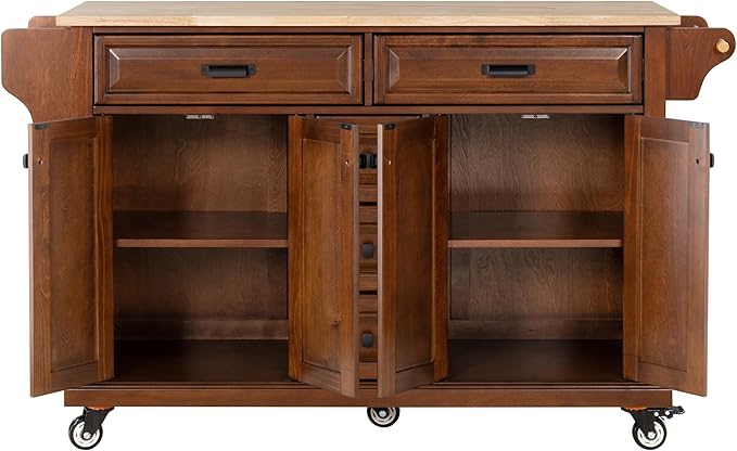 Generic 60.5"" Kitchen Island on Wheels, Rolling Island Table for Kitchen with Double Storage Cabinet and 5 Drawers, Portable Kitchen Cart with Rubber Wood Top, Mahogany, Large