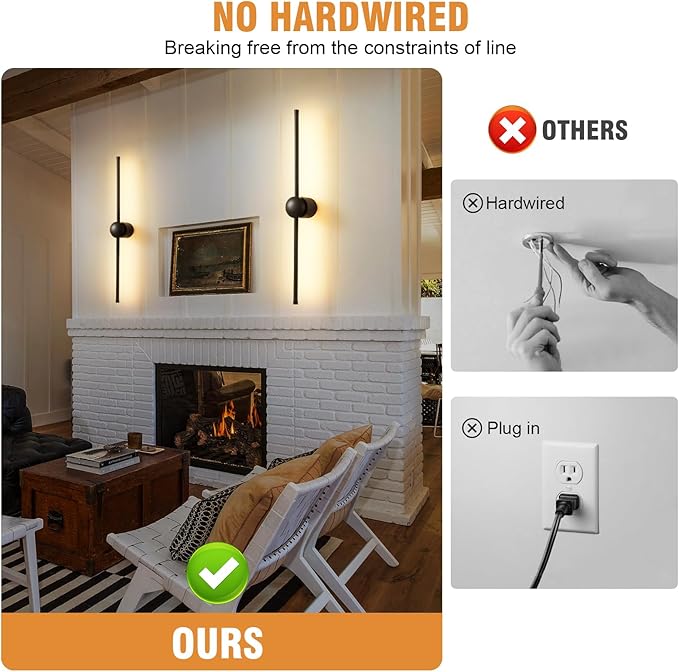 Battery Operated Wall Sconce Set of Two, Wireless Battery Powered LED Wall Lights with Remote, 360°Rotation, Rechargeable, Dimmable,Black Modern Cordless Wall Lamp for Living Room Bedroom