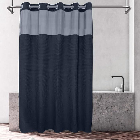 River Dream Navy Blue Fabric Shower Curtain Set, Cotton Blend, Waffle Weave, with Snap in Replacement Liner，71 x 74 inches