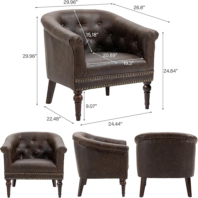 Accent Chair, Upholstered Faux Leather Barrel Chair with Nailed Trim, Comfy Club Armchair for Reading Living Room Bedroom Waiting Room (Chocolate, Set of 1)