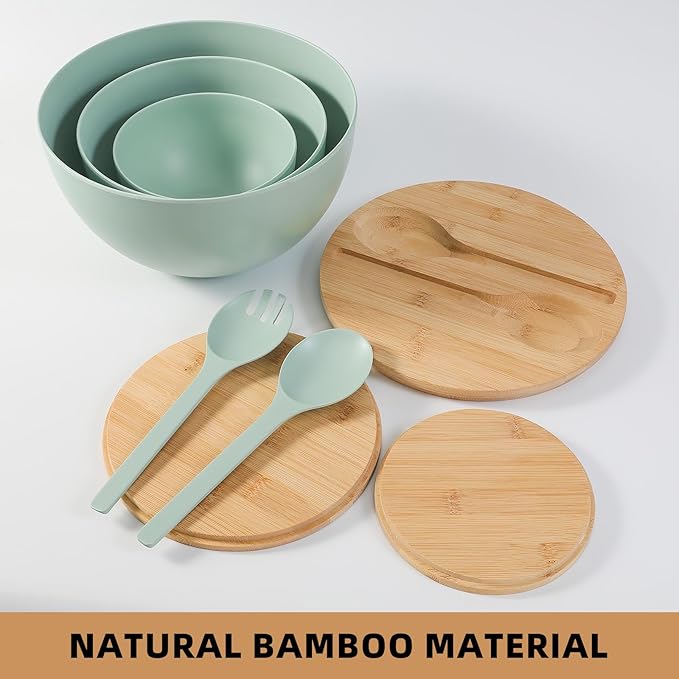 Salad Bowls Set of 3 with Lid & Serving Utensils, Bamboo Fiber Mixing Bowls Set Large Serving Bowls & Storage Set with Bamboo Lid for Salad, Kitchen Eating, Pasta, Popcorn, Chips, Fruit, Cyan
