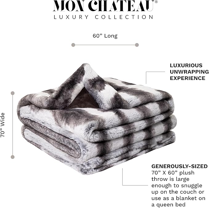 Mon Chateau Luxury Printed Faux Fur Throw with 6cm Foldover for Couch, Sofa, or Bed - Plush Ultra Soft Blanket for Sleeping or Home Décor, 60" x 70" (Striped)