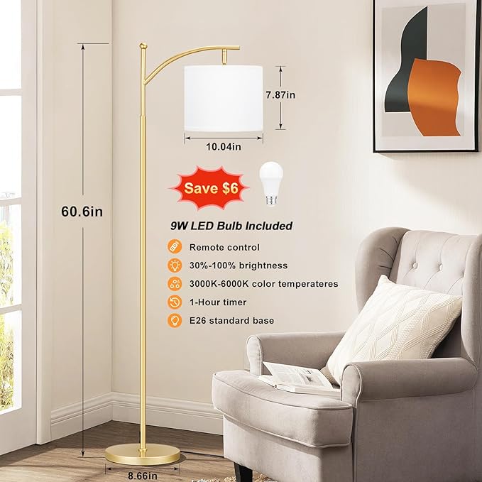 60" Floor Lamps with Remote Control & Bulb, Colors Temperature & Brightness Adjustable, White Shade & Gold Pole