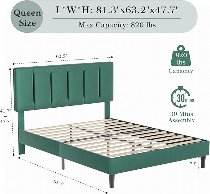VECELO Queen Bed Frames, Upholstered Platform Bedframe, Adjustable Headboard, Wood Slat Support, No Box Spring Needed, Easy Assembly, Dark Green