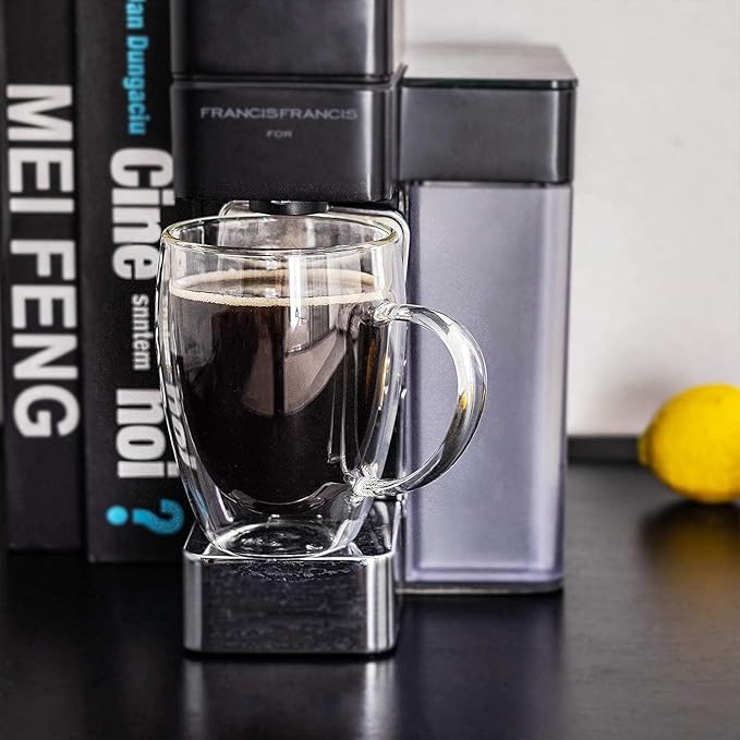 Espresso Cups Set Of 2 12 Oz, Double Walled Glass Coffee Mugs with Handle,Insulated Layer Coffee Cups,Clear Borosilicate Glass Mugs,Perfect for Cappuccino,Tea,Latte,Espresso,Hot Beverage,Wine