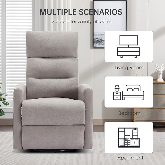 360° Swivel Recliner Chairs for Small Spaces, A Recliner with Side Pockets, Small Rocker Recliner for Living Room, Bedroom, Light Gray Recliner Chair for Adults