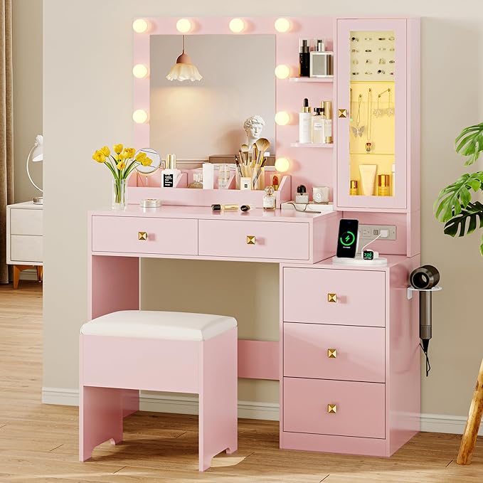 Vanity Desk with Mirror and Lights, Makeup Vanity Table Set with 5 Storage Drawers, Power Outlet & Chair, Small Dressing Table with RGB Ambient Light, Adjustable Brightness for Girls Bedroom, Pink