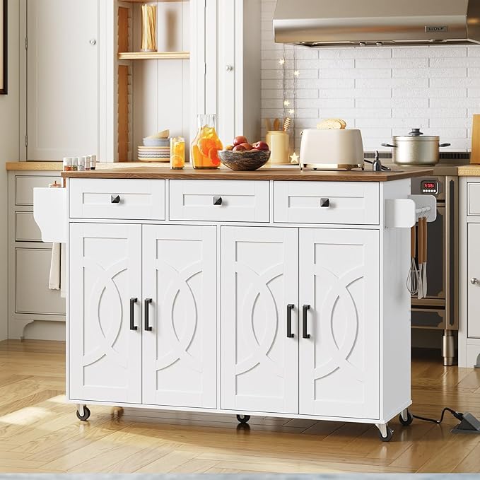 HOOBRO Kitchen Island with Drop Leaf, Rolling Kitchen Island with Storage and Power Outlet, Kitchen Cart with 3 Drawers and Adjustable Shelves, Towel and Spice Rack, for Dining Room, White and Walnut