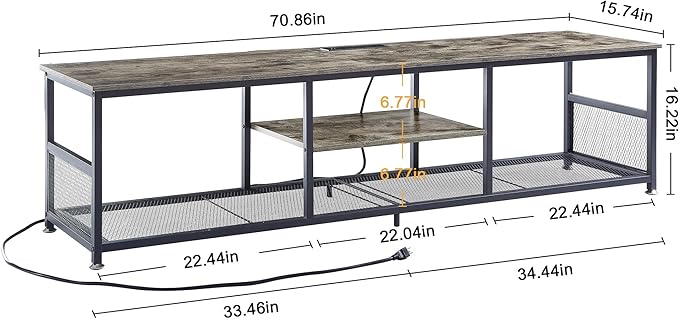 VECELO TV Stand with Power Outlets for Televisions up to 80Inch, 70" Media Entertainment Center with Charging Station 3-Tier Open Storage Shelves with Metal Frame for Living Room/Bedroom，Grey