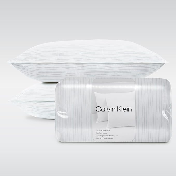 Calvin Klein Wave Print 20" x 28" Standard/Queen Size Set of 2 Bed Pillows for Sleeping, White