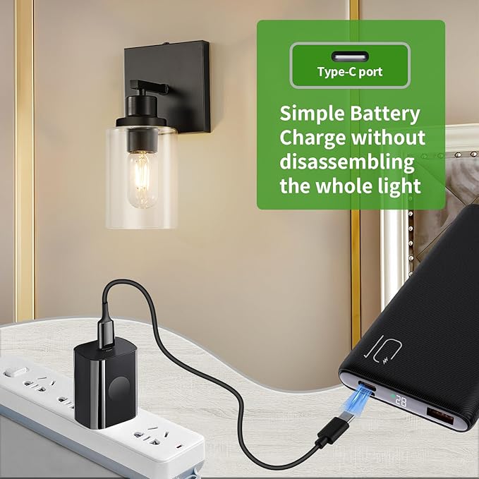 Battery Operated Wall Sconces Set of 2, Remote Control Wall Lamp with Clear Glass Shade USB Rechargeable Wall Light for Bedroom Living Room Hallway