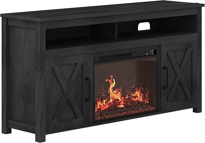 BELLEZE 58" Farmhouse Fireplace TV Stand for TVs up to 65", 23" Electric Fireplace Heater with Sound, Entertainment Center Media Console Table Barn Door Storage Cabinets for Living Room - Rustic Grey
