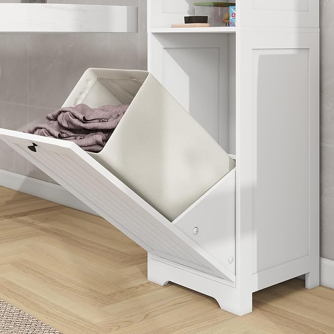 Tilt Out Laundry Hamper Cabinet, 55" Tall Bathroom Storage Cabinet Laundry Cabinet with Shelves and Clothes Basket, Hamper Cabinet Shelf for Laundry Room Bathroom Organizer, White