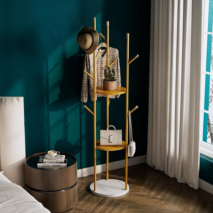 Gold Coat Rack Stand,Freestanding Coat Racks whit Marble base,heavy duty coat hanger Stand,metal Coat Rack with 3 Shelves and 9 Hooks,Coat Tree for Entryway, Bedroom, Coats, Bags,
