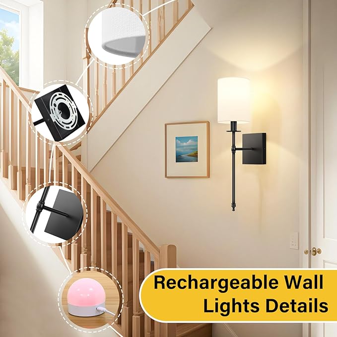 19.9 Inch Black Battery Operated Wall Sconces Set of 2, Rechargeable Wireless Wall Lights with Remote & White Fabric Shade, Indoor Not Hardwired Dimmable Wall Lamps for Living Room, 2 Bulbs Included