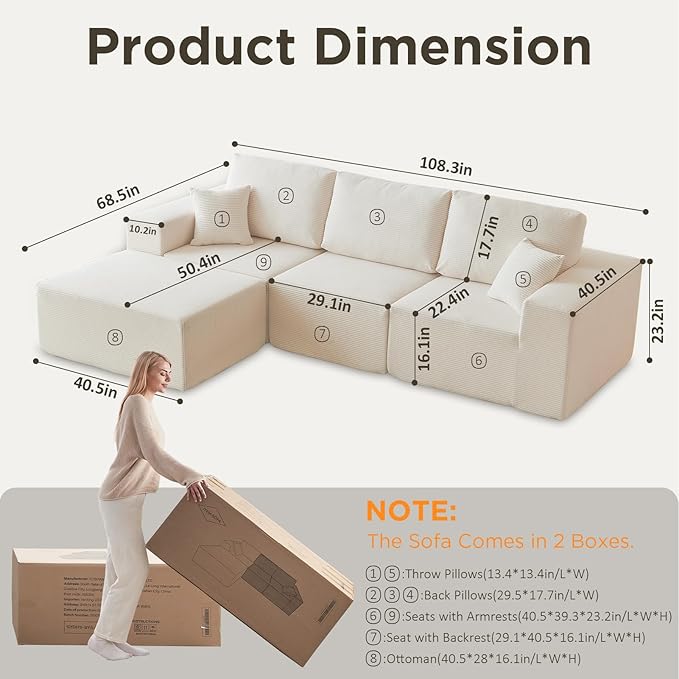 INGEROOM 108" Cloud Sectional Couch, Modular Sectional Sofa with L-Shaped Chaise, Modern Plush Corduroy Couch for Living Room Bedroom, No Assembly Required, Deep Seating（Beige）