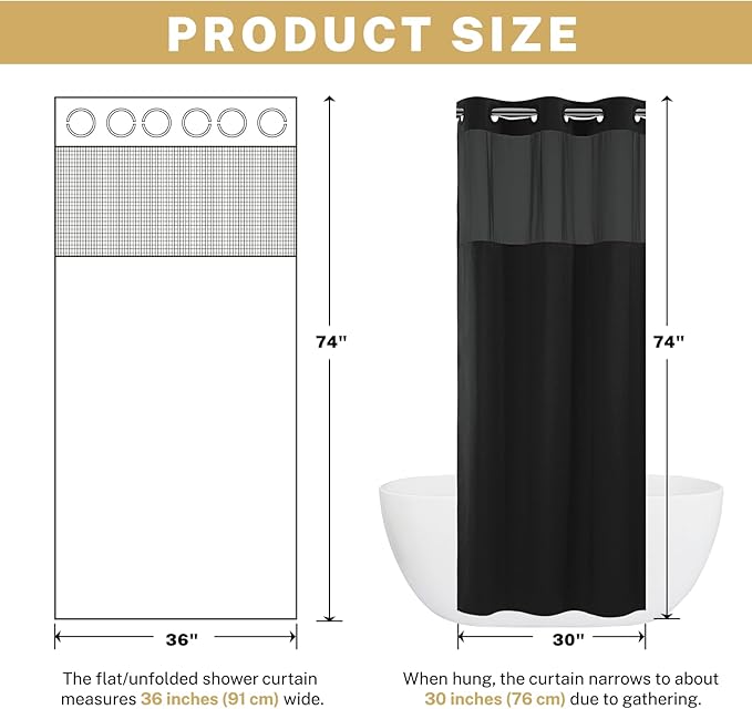 Stall No Hook Shower Curtain with Snap in Liner, Polyester Textured Shower Curtain with Liner Set, Waterproof Washable Hotel Style Shower Curtains for Bathroom, 36Wx74H, Black