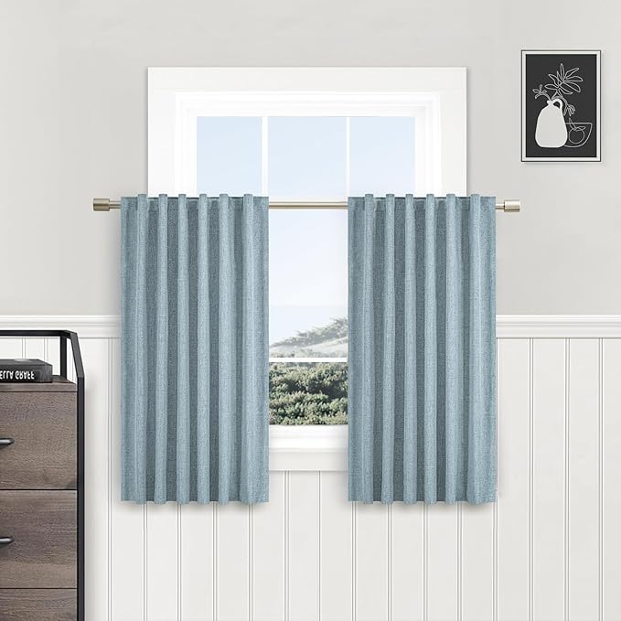 Short Curtains for Windows Bathroom, 100% Blackout Linen Boho Back Tab Pleated Cafe Curtains for Kitchen Bedroom, 45 Inch Length 2 Panels Set, Dusty Blue