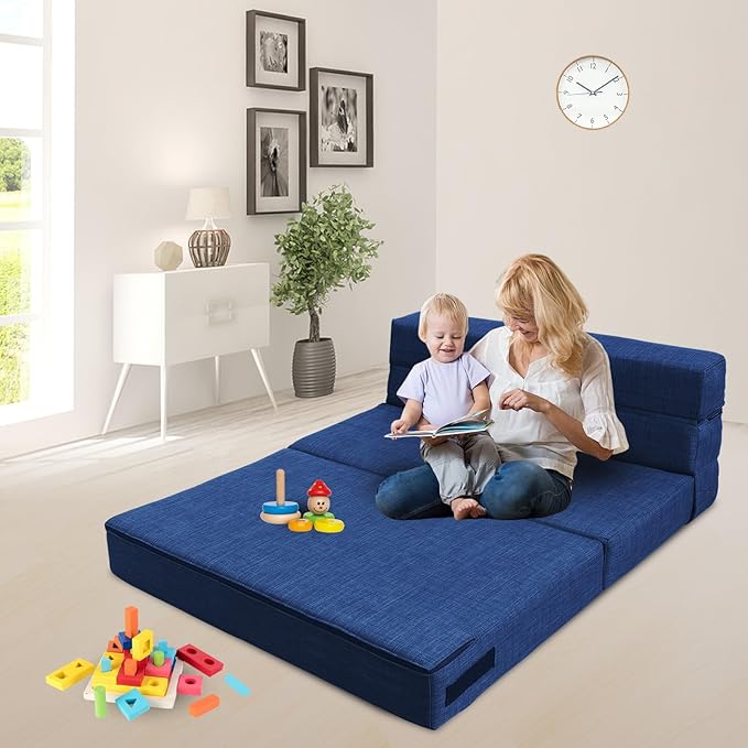 60 Inch Folding Sofa Couch Memory Foam with Pillow Convertible Sleeper Mattress Futon Lazy for Living Room，Washable Cover，Queen Size，Dark Blue