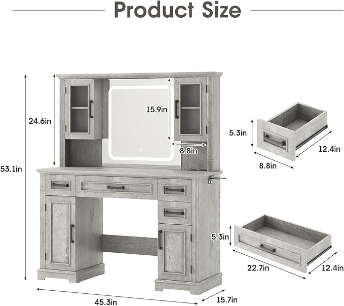 Maupvit Farmhouse Vanity Desk with Mirror and Lights, Makeup Vanity Table with Charging Station, 45" Bedroom Table with 4 Drawers and Cabinets, 3 Lighting Modes, Grey