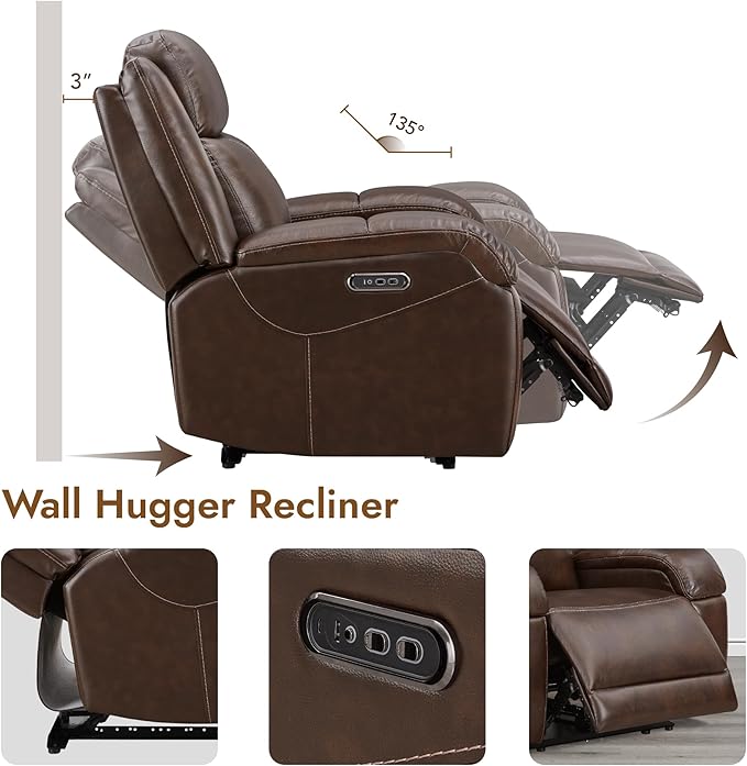 Watson & Whitely Genuine Leather Power Recliner Chairs for Adults, Wall Hugger RV Recliner with Power Headrest & Charging Ports, Electric Recliner Sofa Chair for Living Room, Dark Brown