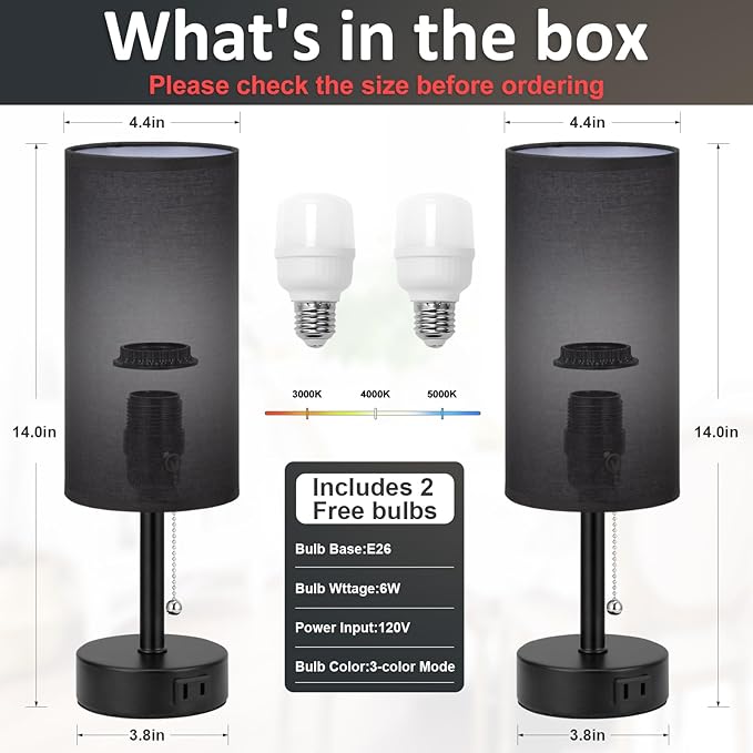 Black Bedside Table Lamps Set of 2-3 Color Temperatures Pull Chain Lamp with AC Outlet Charging Port, Round Night Stand Lamps for Bedroom Office, Small Bed Side Light with E26 LED Bulbs