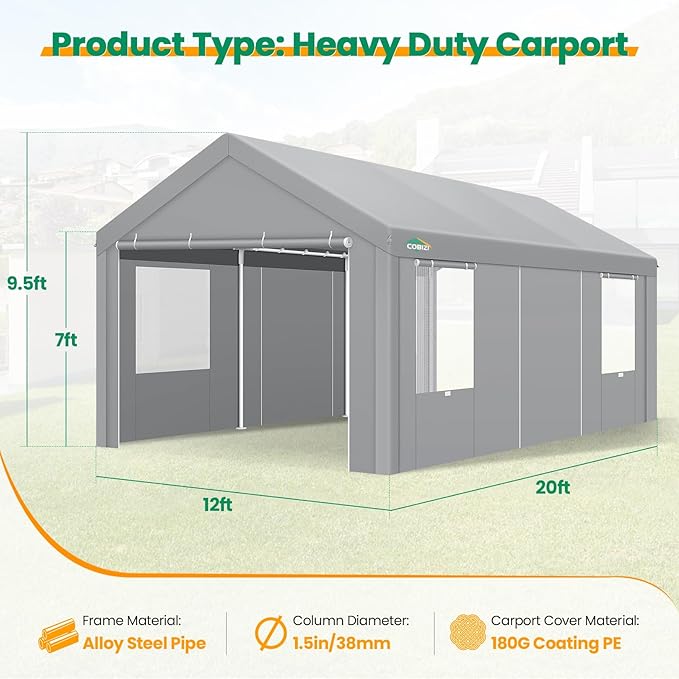 COBIZI Carport Canopy 12x20 Heavy Duty Portable Garage with Removable Sidewalls & Doors, Galvanized Frame Car Port Canopy Tent Waterproof with Built-in Sandbags for Car Boat Truck, Gray
