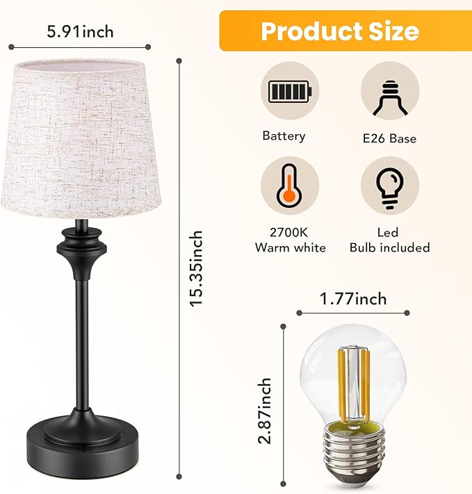 NIORSUN Portables Cordless Table Lamp Set of 2, Battery Operated Lamp, Bedside Table Lamp with Warm White,3 Way Dimmable Touch Desk Lamp for Bedroom Living Room Restaurant Whtie Shade (Black)