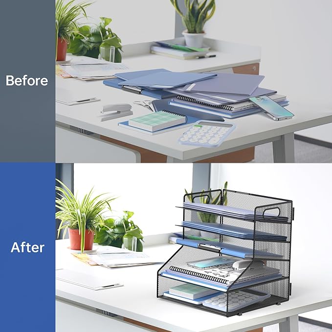 SUPEASY 5-Tier Desk File Organizer, Metal Letter Paper Tray, Desk Organizers and Accessories for Home Office Supplies, Black