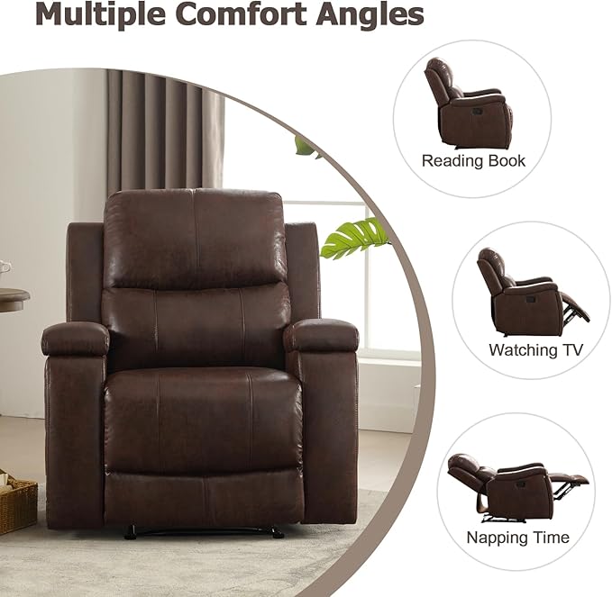 CANMOV Leather Recliner Chair, Classic and Traditional Manual Recliner Chair with Overstuffed Arms and Back, Manual Single Sofa with Concealed Cup Holders,Red Brown