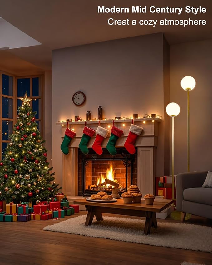 Lightdot 63IN Gold Floor Lamp with U Pole, 2 Globe Mid Century Standing Lamps with Warm White LED Bulbs, Unique Vintage Tall Floor Lamp for Living Room/Wedding/Party