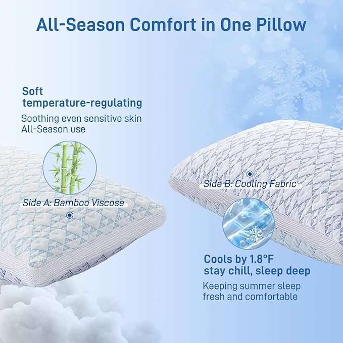 Shredded Memory Foam Cooling Soft Bamboo Viscose Pillows Queen Size Set of 2, Adjustable Hypoallergenic Hotel Quality Bed Pillows for Stomach, Back and Side Sleeper, Oeko-TEX Certified