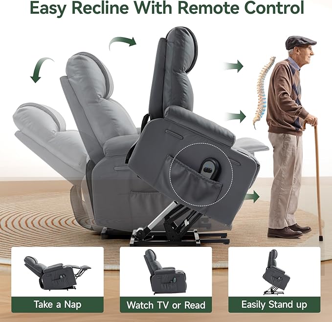 Power Lift Recliner Chair for Elderly with Heat & Massage, 160° Electric Adjustable PU Leather Recliner with Remote Control, Stand Assist, Cup Holders & Side Pockets for Living Room (Gray)