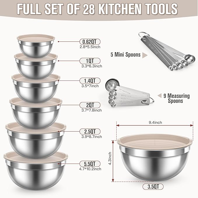 21PCS Mixing Bowl Set with 7 Mixing Bowls &14 Measuring Spoons, Stainless Steel Nesting Bowls for Baking & Cooking (No-Slip Base Not Included)