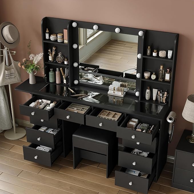 Vanity with Power Outlet, Vanity Desk with Mirror and 10 LED Lights, 10 Drawers Makeup Vanity with 6 Shelves, Fold-up Panel, Dressing Table for Bedroom, Black