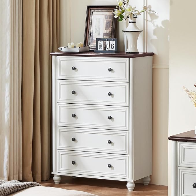 Farmhouse Dresser for Bedroom Set of 2, 5 Drawers Wood 45" Tall Chest of Drawers, Dresser Rustic Storage Dressers Organizer with Metal Handle Closet for Living Room, Hallway Entryway