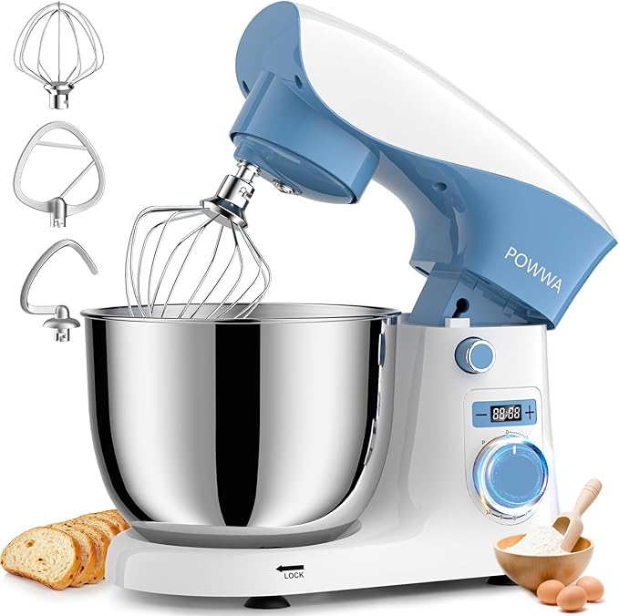 Stand Mixer, POWWA 6.5 QT 10 Speeds Tilt-Head Electric Stand Mixer, 3-In-1 Kitchen Mixer with Bowl, Dough Hook, Whisk and Beater, Food Mixer for Baking and Daily Use (White Blue)