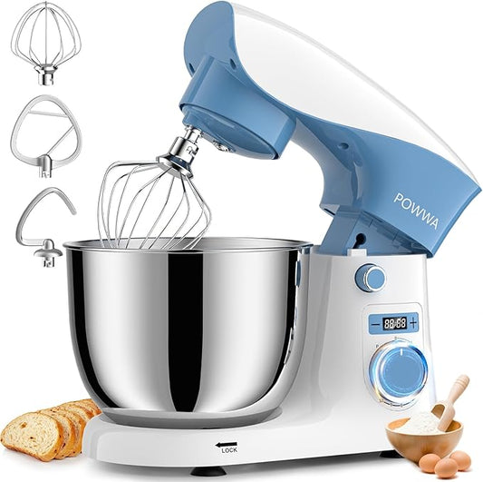 Stand Mixer, POWWA 6.5 QT 10 Speeds Tilt-Head Electric Stand Mixer, 3-In-1 Kitchen Mixer with Bowl, Dough Hook, Whisk and Beater, Food Mixer for Baking and Daily Use (White Blue)