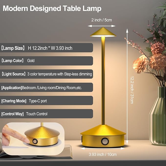 Cordless Table Lamps Set of 2, Portable LED Desk Lamp, 6000mAh Battery Operated, 3 Level Brightness Rechargeable Lamp with Modern Design, Table Light for Home Office/Bedroom/Living Room/Outdoo
