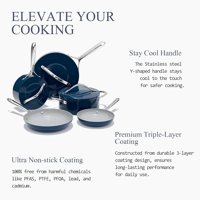 Ceramic Nonstick Pots and Pans Set 8-Piece Cookware Set - Non-Toxic & PTFE/PFOA/PFAS Free, Induction Compatible, Oven & Dishwasher Safe to 500°F, Navy Blue