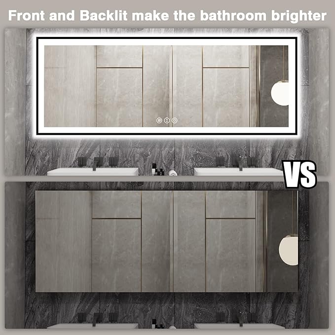 84x32 Large LED Bathroom Mirror - Black Aluminum Framed (Front and Backlit), Anti-Fog Lighted Mirror for Wall,Stepless Dimmable Vanity Mirror,3 Colors Smart Mirror(Horizontal/Vertical)