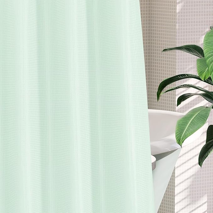 MitoVilla No Hooks Needed Green Waffle Shower Curtain with Snap-in Liner, Modern Waffle Weave Heavy Duty Fabric Cloth Shower Curtain for Luxury Neutral Hotel Spa Bathroom Decor, 72 x 74, Mint Green