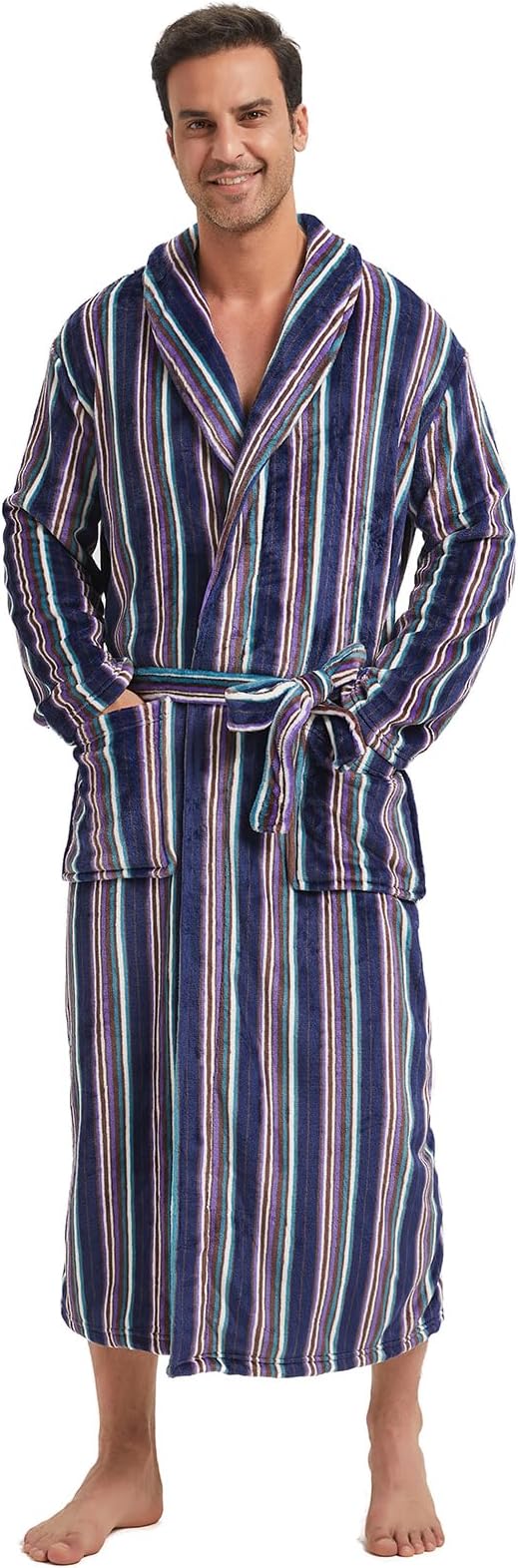 FashGudim Mens Robes Big and Tall Full Length Plush Fleece Long Robe for Men Bathrobe Shawl Collar Warm Winter House Robes