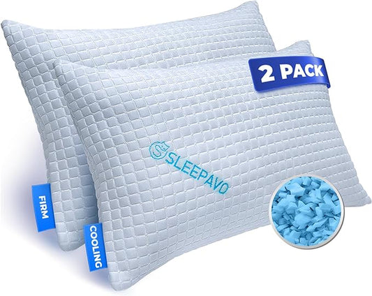 Sleepavo Adjustable Shredded Memory Foam Pillows Queen Size Set of 2 - Extra Soft Cooling Bed Pillows for Sleeping - Back, Stomach, Firm Side Sleeper, Comfy Cool - 2 Pack Best Sleepy High Loft Pillow