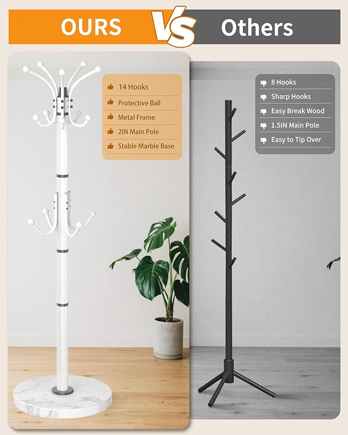 EZIVIEZ Modern Coat Rack Stand, Metal Freestanding Coat Rack with Natural Marble Base, Coat Racks with Umbrella Holder,Coat Hanger Stand with 12 Hooks for Office, Entryway (White-360° Rotary 14 Hooks)